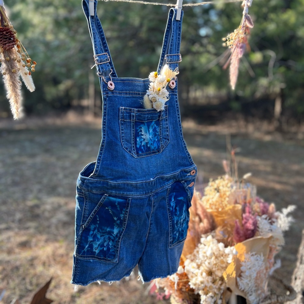Blue Denim Overalls with Floral Pockets